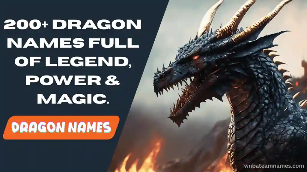 A powerful black-gray dragon standing tall, representing strength and legend, with the text '200+ dragon names full of legend, power, and magic.